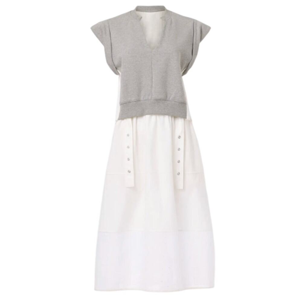 3.1 Phillip Lim Combo Tiered Sweatshirt Midi Dress in White/Gray, Size M
